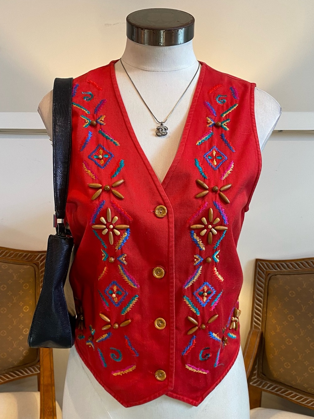Vintage 90s Red Cotton Vest S Colorful Embroidery Beaded Details Grandma Core